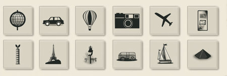 A collection of minimalist travel icons illustrating modes of transport, landmarks, and activities against a neutral background ideal for travel-themed projectsの素材