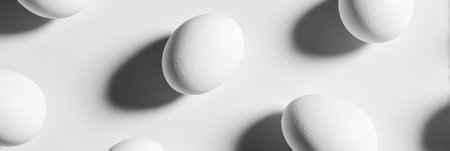 White eggs are artfully placed in a corner, creating subtle shadows on a minimalist surface, allowing for brand messaging without distractions.の素材