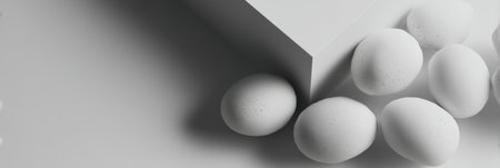A collection of white eggs is placed in a minimalist environment, showcasing soft shadows that enhance the aesthetic while providing space for branding.の素材