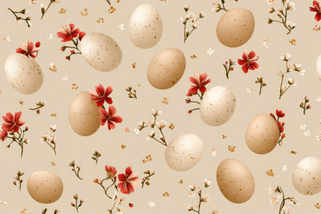 Lovely design showcases a seamless pattern of eggs and small flowers against a beige background, ideal for springtime decorations and projects.の素材