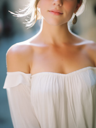 A young woman stands on a quaint street, her tan shoulders exposed by a white, flowing blouse. The warm light highlights her relaxed pose and serene expression.の素材