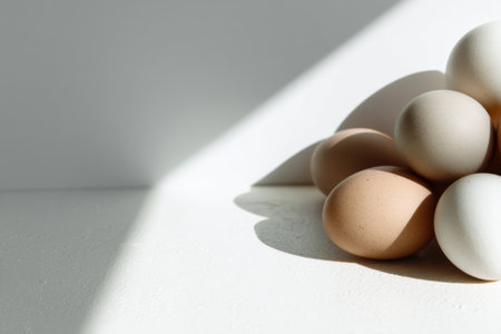 Varied rest eggs in a corner, softly illuminated by natural light. Subtle shadows enhance the composition, offering a blank canvas for branding.の素材