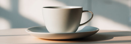 A minimalist white mug rests on a matching saucer atop a wooden surface, softly lit by indirect light, creating a warm and inviting atmosphere.の素材