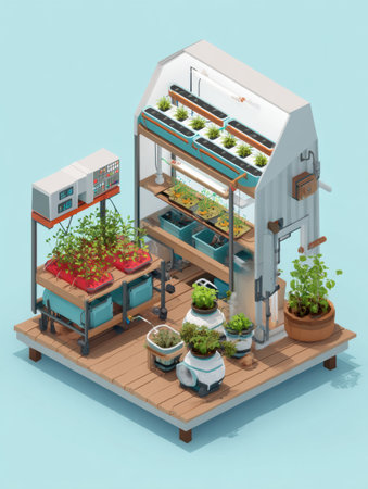 Hydroponic vegetables thrive in this tiny smart farm setup. The organized layout supports diverse plant growth with efficient use of space and resources.の素材