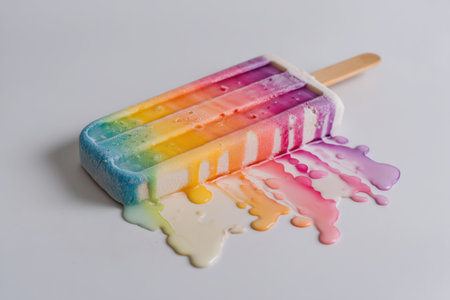 A colorful rainbow popsicle is melting on a clean white surface, with vibrant hues blending together as the warm weather takes its toll on the frozen treat.の素材