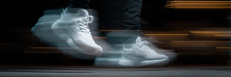 White sneakers jump in mid-air, capturing a moment of energetic motion in a vibrant urban setting at night, emphasizing speed and styleの素材