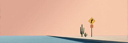 A winding desert highway leads into the horizon, framed by a lone cactus and a warning sign against a softly colored sky at dusk.の素材