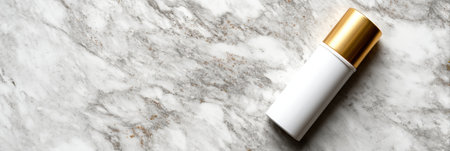 A sleek roll-on deodorant rests on a polished marble surface. The uncluttered area showcases the product, ideal for branding and product marketing.の素材