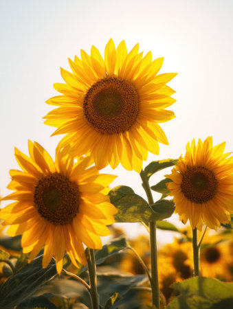 Sunflowers stand tall and radiant, illuminated by a warm golden backlight during the late afternoon, creating a stunning effect in the field.の素材