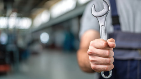 A mechanic stands in a garage holding a wrench, focused on his task as tools and equipment are visible in the blurred background creating a busy atmosphere.の素材