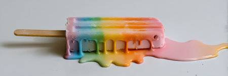 A vibrant rainbow popsicle is slowly melting on a smooth white surface, leaving colorful drips that reflect the sunshine of a warm afternoon.の素材