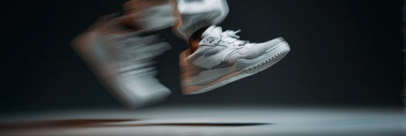 Sneakers appear to be in mid-air, showcasing dynamic blurred motion against a clear white background, highlighting movement and energy.の素材