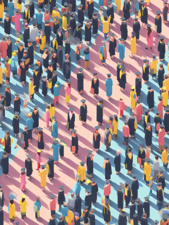 Crowd of graduates and their families celebrate a university graduation ceremony, adorned in colorful gowns and hats. The atmosphere is lively and festive.の素材