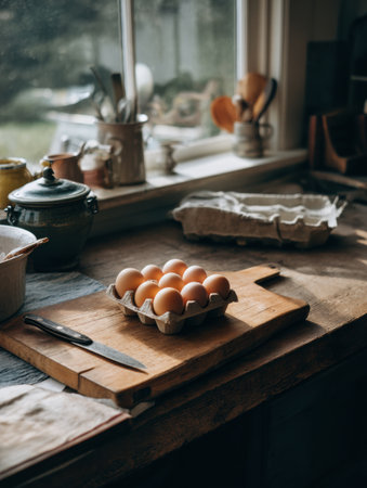 On a cozy morning, a kitchen table is arranged with a wooden cutting board, a carton filled with fresh eggs, and sunlight streaming through the window.の素材