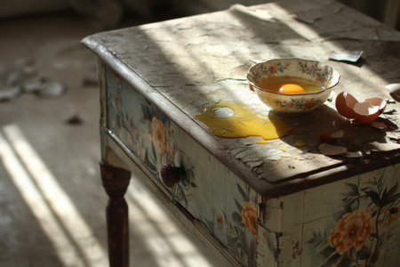 Soft sunlight streams through a window onto a vintage table with a broken eggshell beside a bowl of spilled yolk, sparkling nostalgia.の素材