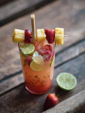 Vibrant tropical drink filled with ice and garnished with fresh fruit skewers, set against rustic wood, perfect for a hot summer day outside.の素材