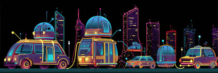 Bright neon lights illuminate a futuristic city filled with innovative travel vehicles.の素材