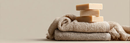 Elegant soap bars rest atop a plush towel, creating a serene and minimalist setup ideal for promoting relaxation and self-care routines.の素材