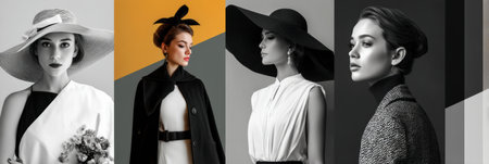 This collage features minimalist fashion, showcasing stylish models in elegant attire against striking backgrounds.の素材