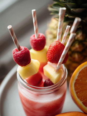 A colorful tropical drink features fruit skewers with pineapple, strawberries, and raspberries, perfect for a warm afternoon gathering at the beach.の素材