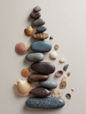 This minimalist arrangement features smooth beach pebbles and colorful shells artistically positioned on a light surface, highlighting coastal treasures.の素材