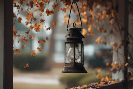 An old lantern hangs from the porch as autumn leaves gently swirl around, creating a calm and nostalgic atmosphere during the twilight hours.の素材