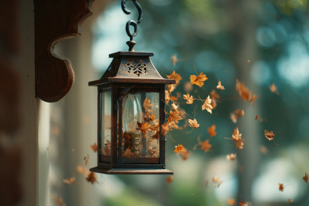 An old lantern hangs from a porch, surrounded by swirling autumn leaves that dance in the gentle breeze, capturing the essence of a quiet fall afternoon.の素材