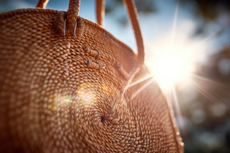Bright sunlight creates a beautiful lens flare on a round straw purse, showing its intricate weave and texture in a serene outdoor setting.の素材