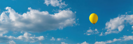 Floating high in the clear blue summer sky, a vibrant yellow balloon contrasts beautifully with the fluffy white clouds, creating a cheerful atmosphere.の素材