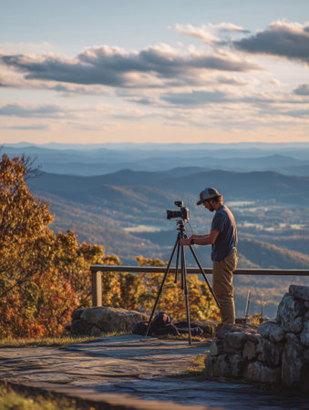 Individual prepares camera equipment at a picturesque viewpoint, capturing the beauty of rolling hills and a vibrant sunset sky.の素材