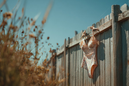 A colorful swimsuit hangs on a rustic wooden fence, swaying gently in the wind under a clear blue sky, surrounded by blooming wildflowers and tall grass.の素材