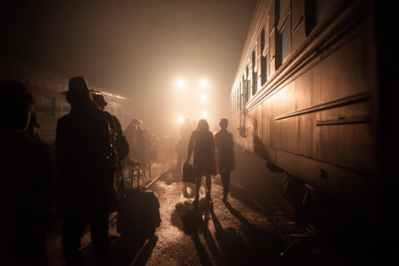 Travelers are boarding a night train under dramatic lighting at a railway station, creating a captivating atmosphere of anticipation and adventure.の素材