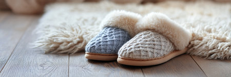Relaxing warm slippers are placed on a soft wool rug, enhancing the cozy feel of the indoor setting with gentle, inviting light filling the space.の素材