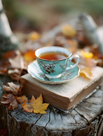 A delicate tea cup filled with warm tea sits on an open book placed on a log stump. Autumn leaves surround the scene, creating a tranquil outdoor atmosphere.の素材