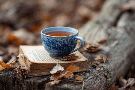 A beautiful blue tea cup filled with warm tea sits on a well-used book, balanced on a wooden log stump, with colorful leaves scattered around.の素材
