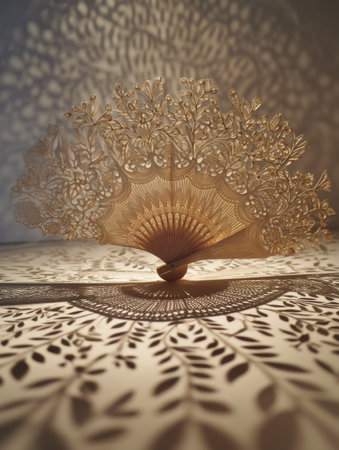 A delicate paper fan positioned on a smooth surface creates a stunning shadow display, showcasing intricate floral patterns against the backdrop of soft light.の素材