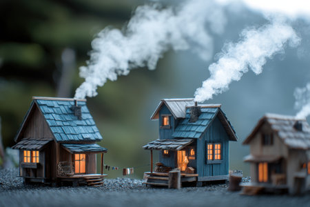 Two warm tiny mountain cabins emit smoke from their chimneys, illuminated by soft light as evening descends in a peaceful winter landscape.の素材