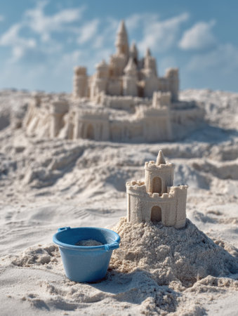 A small sandcastle lies crumbled next to a blue bucket, surrounded by soft sand on the beach. The bright sun shines down on a beautiful summer day.の素材