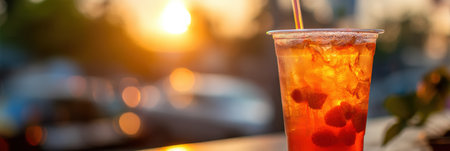Vibrant sunset casts warm light on a glass of iced drink filled with fruit, creating a perfect ambiance for an evening relaxation outdoors.の素材