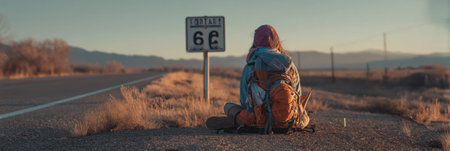 A solo traveler sits on a backpack beside a roadside marker, surrounded by open fields, reflecting on their adventures as the sun sets.の素材