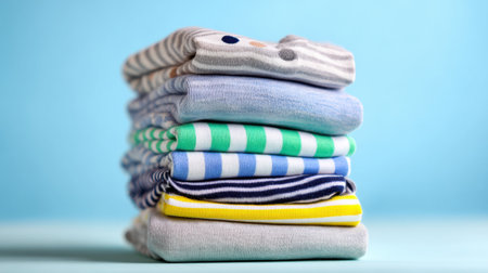 Neatly arranged stack of colorful baby clothes featuring stripes and playful patterns is displayed against a soft blue background, ideal for nursery decor.の素材