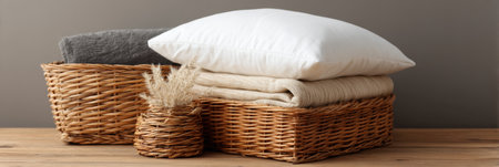 Folded blankets and a pillow neatly placed in natural woven baskets offer a warm and inviting touch to a cozy space with earthy tones.の素材