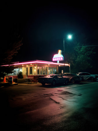 Classic roadside diner illuminated by a neon sign hosts parked cars under the night sky, creating a retro atmosphere and inviting late-night diners.の素材