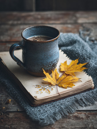 A warm mug sits beside a vintage notebook adorned with a falling leaf sketch, creating a serene autumn atmosphere perfect for reflection and creativity.の素材