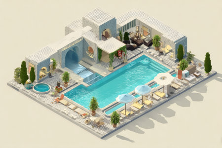 This luxurious spa and pool retreat features a stunning swimming pool, relaxation lounges, and spa facilities surrounded by lush greenery and stylish decor.の素材