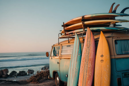 A vintage camper van with colorful surfboards on top parks by the beach, creating a perfect setup for surfers eager to catch some waves at sunset.の素材