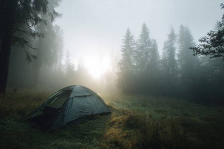 A tent sits quietly in a forest clearing, enveloped by morning mist as the sun rises, creating a peaceful atmosphere perfect for exploration.の素材