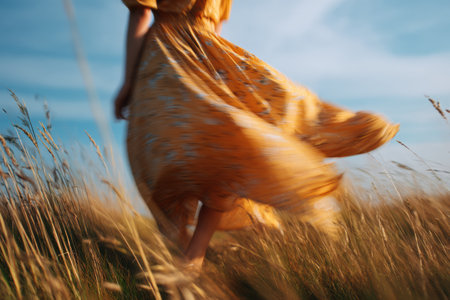 A woman in a summer dress walks through a field of golden grass, her dress flowing beautifully as the breeze gently sways the blades in the sunlight.の素材
