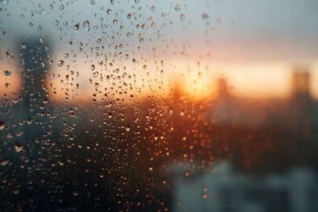 Raindrops cling to a window as twilight descends, casting a warm glow over a blurred city skyline while droplets reflect the fading light.の素材
