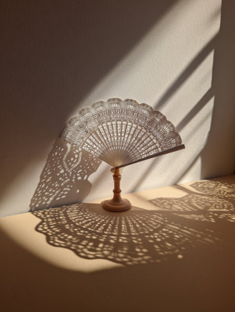 A beautifully crafted paper fan stands upright, creating detailed shadows on the wall as warm afternoon light streams through.の素材